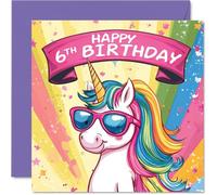 Stuff4 Biglietto di auguri per il 6° compleanno, con occhiali da sole e unicorno, biglietto di compleanno per bambina di 6 anni, biglietto di auguri per sesto compleanno, 145 mm x 145 mm