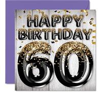 Stuff4 Biglietto di auguri per il 60° compleanno da uomo, con palloncini glitterati neri e dorati, biglietti di auguri per 60 anni, papà, nonno, nonno, nonno, nonno, nonno, 145 mm x 145 mm