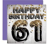 Stuff4 Biglietto di auguri per il 61° compleanno da uomo - Palloncini glitterati neri e dorati - Biglietti di auguri per 61 anni, papà nonno, nonno, nonno, 145 mm x 145 mm