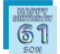 Stuff4 Biglietto di auguri per il 61° compleanno per figlio | Palloncini blu glitterati, biglietti di auguri di buon compleanno per figlio di 61 anni da mamma papà genitori