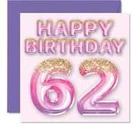 Stuff4 Biglietto di auguri per il 62° compleanno da donna, rosa e viola | Con palloncini glitterati, biglietti di auguri per 62 anni, mamma, bambinaia, nonna, Gran Auntie, 145 mm x 145 mm