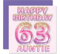 Stuff4 Biglietto di auguri per il 63° compleanno della zia, con palloncini glitterati rosa e viola, biglietti di auguri per la zia di 63 anni, da nipote e nipote, 145 mm