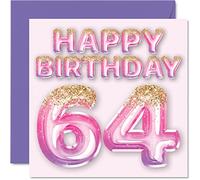 Stuff4 Biglietto di auguri per il 64° compleanno da donna, con palloncini glitterati, rosa e viola, biglietti di auguri per 64 anni, mamma, bambinaia, nonna, Gran Auntie, 145 mm x 145 mm