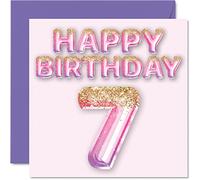 Stuff4 Biglietto di auguri per il 7° compleanno per ragazze - Palloncini glitterati rosa e viola - Biglietti di auguri per 7 anni, figlia, sorella, nipote, cugino, 145 mm x 145 mm