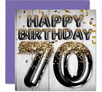 Stuff4 Biglietto di auguri per il 70° compleanno da uomo, con palloncini glitterati neri e oro, 145 mm, biglietto di auguri per compleanno
