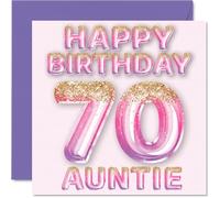 Stuff4 Biglietto di auguri per il 70° compleanno della zia, con palloncini glitterati rosa e viola, biglietti di auguri per la zia di 70 anni, 145 mm x 145 mm