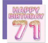 Stuff4 Biglietto di auguri per il 71° compleanno, da donna, con palloncini glitterati rosa e viola, biglietti di auguri per 71 anni, mamma, nonna, nonna, nonna, nonna, 145 mm x 145 mm