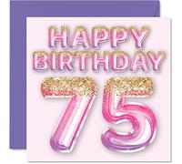 Stuff4 Biglietto di auguri per il 75° compleanno, da donna, con palloncini glitterati rosa e viola, biglietti di auguri per 75 anni, mamma, nonna, nonna, nonna, nonna, 145 mm x 145 mm