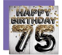 Stuff4 Biglietto di auguri per il 75° compleanno da uomo, con palloncini glitterati neri e dorati, biglietti di buon compleanno per 75 anni, papà, nonno, nonno, 145 mm x 145 mm, 75 mm