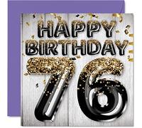 Stuff4 Biglietto di auguri per il 76° compleanno da uomo con palloncini glitterati neri e dorati biglietti di buon compleanno per 76 anni papà nonno 145mm