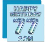 Stuff4 Biglietto di auguri per il 77° compleanno per figlio, papà | Palloncini blu glitterati, biglietti di auguri di buon compleanno per figlio di 77 anni da mamma, genitori