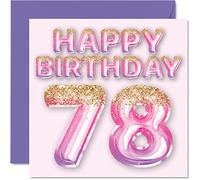 Stuff4 Biglietto di auguri per il 78° compleanno da donna, con palloncini glitterati, rosa e viola, biglietti di auguri per 78 anni, mamma e nonna, 145 mm x 145 mm, 78 mm