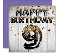 Stuff4 Biglietto di auguri per il 9° compleanno per ragazzi - Palloncini glitterati neri e dorati - Biglietti di auguri di buon compleanno per 9 anni figlio fratello nipote cugino 145mm
