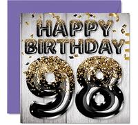 Biglietto di auguri per il 98° compleanno da uomo - Palloncini glitterati neri e oro - Biglietti di auguri per 98 anni papà nonno nonno 145 x 145 mm 98 anni novantottesimo biglietto di auguri regalo
