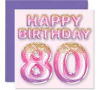 Stuff4 Biglietto di auguri per l'80° compleanno da donna, con palloncini glitterati rosa e viola, biglietti di auguri per la mamma di 80 anni, Great Nanny Grandma Gran, 145 mm x 145 mm