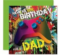 Stuff4 Biglietto di compleanno giocoso per papà, Level Up His Day | Controller da gioco vibrante con sfondo ispirato ai graffiti, quadrato da 14,5 cm, busta inclusa