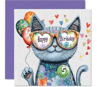 Stuff4 Biglietto di compleanno per bambina 5 anni - Gatto colorato con occhiali da sole e coriandoli - Biglietto di compleanno spiritoso quadrato con busta e messaggio interno - Qualità premium 145mm