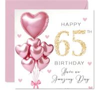 Stuff4 Biglietto per il 65° compleanno, festeggia con stile | Palloncini rosa a cuore e fiocco decorativo, formato quadrato da 145 mm, busta inclusa