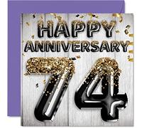 Stuff4 Fantastico biglietto per il 74° anniversario per marito fidanzato moglie fidanzata palloncini glitterati in oro nero - Happy 74 Anniversary Cards from Family 145mm