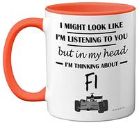 Stuff4 Formula 1 Gifts - in My Head I'm Thinking About F1 - Divertente regalo F1 per gli uomini, regalo per gli amanti delle auto, regalo di Formula 1, regalo di Formula 1, in ceramica lavabile in lavastoviglie, tazza con manico arancione