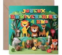 Stuff4 Ludique Carte d'Anniversaire 4 Ans - Ambiance Joyeuse Garantie - Animaux Colorés Explorant la Jungle - Parfait pour Fêter avec Éclat - 145 mm Carré, Enveloppe Incluse