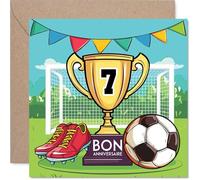 Stuff4 Ludique Carte d'Anniversaire 7 Ans - Ambiance Festive Garantie - Trophée et Accessoires de Football Colorés sur Fond Éclatant - 145 mm Carré, Enveloppe Incluse