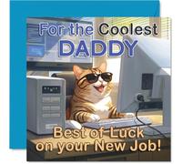 Stuff4 Scheda di supporto per il nuovo lavoro per papà | Gatto sfacciato con occhiali da sole porta un sorriso divertente motivo computer per una nuova avventura, quadrato 14,5 cm