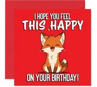 Stuff4 Simpatico biglietto di compleanno - Bursting with Birthday Cheer - Illustrazione Happy Fox in grassetto rosso e arancione - garantito per diffondere grandi sorrisi - 14 cm quadrato, busta