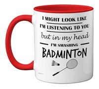 Stuff4 Tazza con scritta "in my head", regalo divertente per amanti del badminton, uomini e donne, 325 ml, in ceramica di alta qualità, lavabile in lavastoviglie, tazza con manico rosso