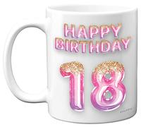 Stuff4 Tazza da caffè per 18° compleanno da donna, con palloncini glitterati rosa e viola, regalo per 18 anni, figlia, sorella, nipote, cugina, amica, in ceramica, lavabile in lavastoviglie, 325 ml
