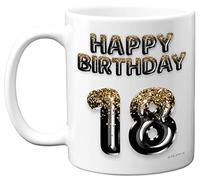 Stuff4 Tazza da caffè per 18° compleanno da uomo, con palloncini glitterati in oro nero - Tazza regalo di compleanno per figlio, fratello, nipote, cugino, amico, 325 ml, in ceramica, lavabile in