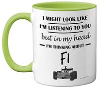 Stuff4 Tazza in ceramica con manico verde e scritta in lingua inglese Formula 1 Gifts - in My Head I'm Thinking About F1 (lingua italiana non garantita)