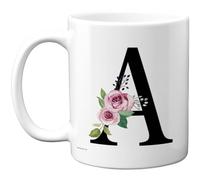 Stuff4 Tazza personalizzabile con iniziale floreale, elegante lettera A nera con rose rosa, regalo unico per lei, tazza in ceramica lucida da 325 ml