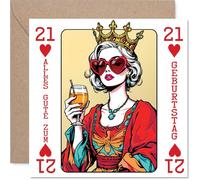 Stuff4 Verspielte Geburtstagskarte zum 21. Geburtstag - Krönender Geburtstag - Stilvolle Königin mit Herzbrille und Drink - 145 mm Quadratisch, Umschlag Inklusive