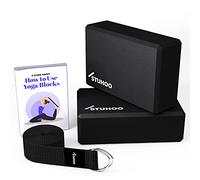 STUHOO Set di 2 blocchi da yoga e cinghia, robusti blocchi in schiuma EVA e cinturino in cotone nero leggero, migliorano pose e stabilità per yoga e pilates