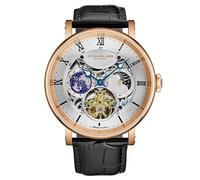 Stuhrling Original Orologio automatico doppio fuso orario, cassa da 47 mm, quadrante scheletrato, cinturino in pelle, indicatore AM/PM sole/luna, resistente all'acqua fino a 5 atm, Oro rosato, moderno