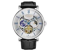 Stuhrling Original Orologio automatico doppio fuso orario, cassa da 47 mm, quadrante scheletrato, cinturino in pelle, indicatore AM/PM sole/luna, resistente all'acqua fino a 5 atm, Argento e nero.,
