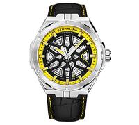 Stuhrling Original - Orologio automatico svizzero da uomo, a carica automatica, in pelle, da uomo Nero e giallo.