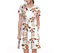 Stujvc Abito da donna a maniche corte con carlino, lunghezza al ginocchio, con elastico in vita e tasche, per l'uso quotidiano, Nero , XXL