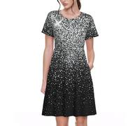 Stujvc Abito da donna a maniche corte con glitter argento lucido, linea ad A, lunghezza al ginocchio, con elastico in vita e tasche, per l'uso quotidiano, Nero , 3XL