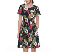 Stujvc Abito da donna a maniche corte, linea ad A, lunghezza al ginocchio, con elastico in vita e tasche, per l'uso quotidiano, Nero , S