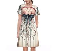 Stujvc Abito da donna a maniche corte, linea ad A, lunghezza al ginocchio, con elastico in vita e tasche, per l'uso quotidiano, Nero , M