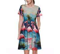 Stujvc Abito da donna a maniche corte, linea ad A, lunghezza al ginocchio, con elastico in vita e tasche, per l'uso quotidiano, Nero , 3XL