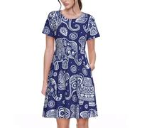 Stujvc Boho Elephant - Abito da donna a maniche corte, linea ad A, lunghezza al ginocchio, con elastico in vita e tasche, per l'uso quotidiano, Nero , S