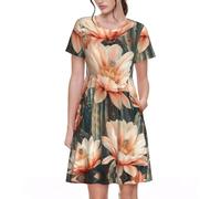 Stujvc Cactus Floral Bloom - Abito da donna a maniche corte, linea ad A, lunghezza al ginocchio, con elastico in vita e tasche, per l'uso quotidiano, Nero , XL