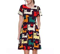 Stujvc Cat - Vestito da donna a maniche corte, linea ad A, lunghezza al ginocchio, con elastico in vita e tasche, per uso quotidiano, Nero , XL