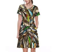 Stujvc Esca da pesca da donna, a maniche corte, linea ad A, lunghezza al ginocchio, con elastico in vita e tasche, per l'uso quotidiano, Nero , XXL