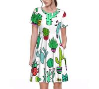 Stujvc Lovely Succulent - Abito da donna a maniche corte, linea ad A, lunghezza al ginocchio, con elastico in vita e tasche, per l'uso quotidiano, Nero , 3XL