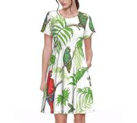 Stujvc Parrot Birds and Tropical Tree - Abito da donna a maniche corte, linea ad A, lunghezza al ginocchio, con elastico in vita e tasche, per l'uso quotidiano, Nero , 3XL