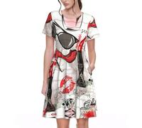 Stujvc Rossetto cosmetico Profumo Art da donna a maniche corte A-Line al ginocchio con elastico in vita e tasche per l'uso quotidiano, Nero , 3XL